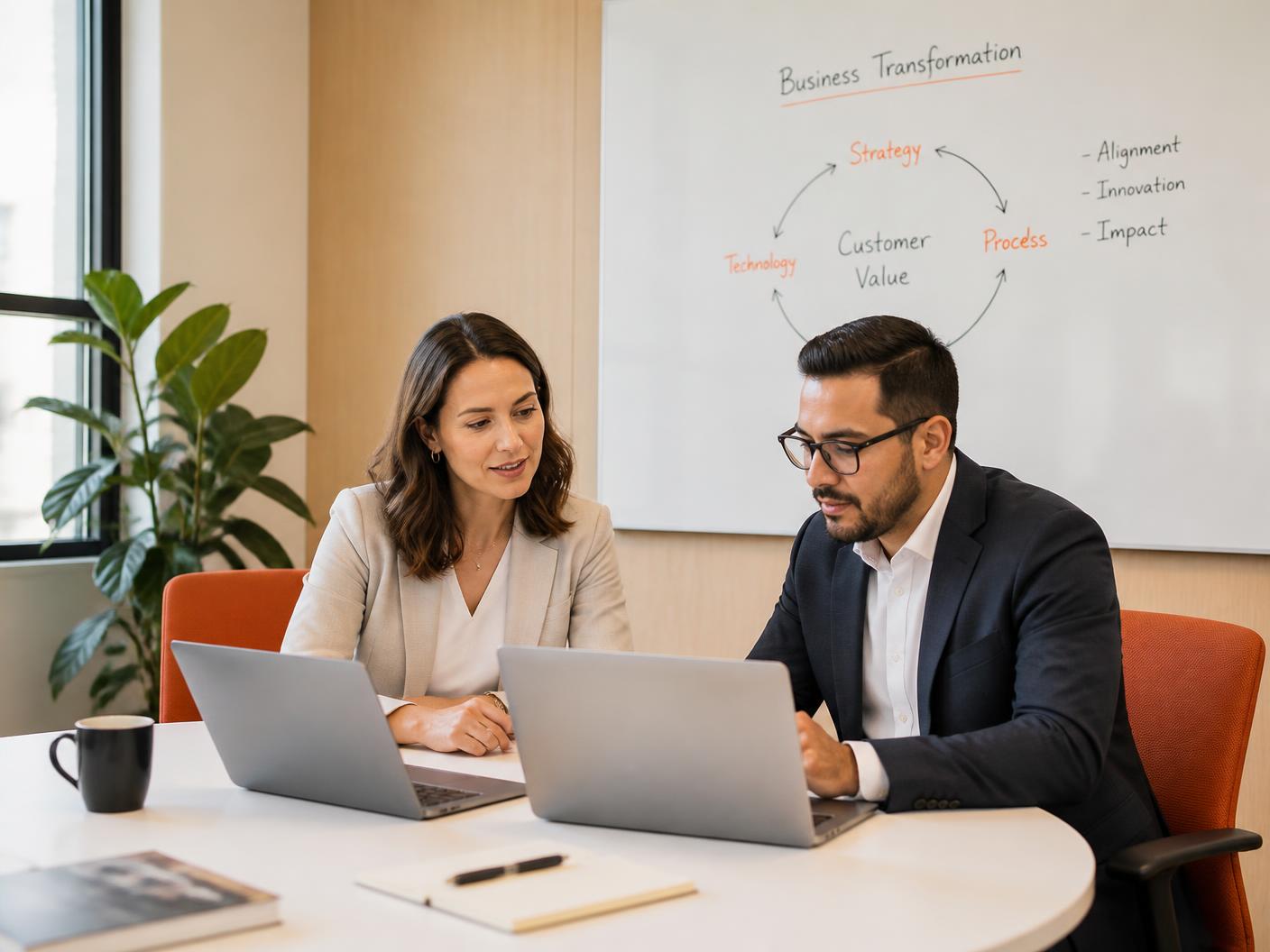 Twee consultants werken samen aan een transformatievraagstuk